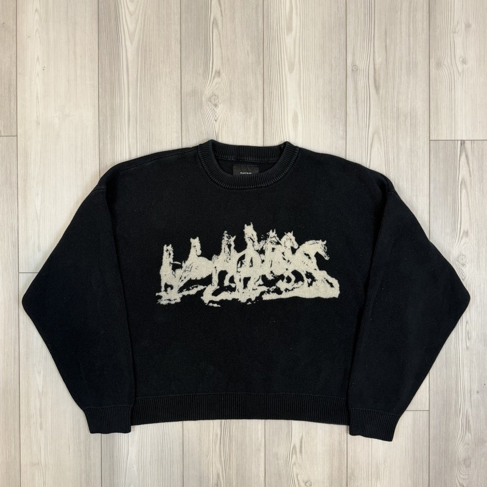 Pacsun Horses Black White Jacquard Cropped Sweater Knit Acrylic Boxy Oversize XL